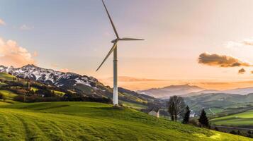 Wind turbine on a lush green hill with a mountain range in the background at sunset. Concept of renewable energy, eco-friendly power, rural landscape, sustainable resources photo