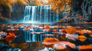 Serene autumn waterfall surrounded by vibrant foliage and fallen leaves. Concept of nature, tranquility, autumn, scenery photo