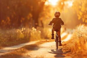 Young boy in helmet riding a bicycle on a sunny forest path. Concept of child cycling, outdoor activity, nature exploration, childhood adventure photo