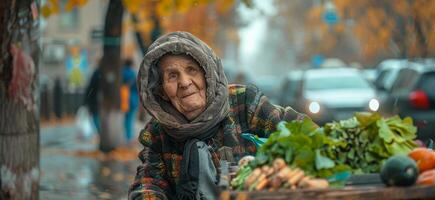 Elderly white woman selling vegetables on a misty autumn day at a street market. Concept of old age, marketplace, foggy weather, senior livelihood photo