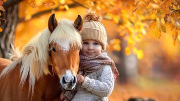 Toddler girl embracing a pony in autumn setting. Concept of child with animal, nature friendship, fall season, kid and little horse photo