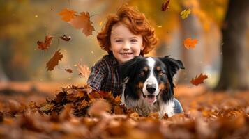Red-haired boy playing with a black and white dog in autumn leaves outdoors. Concept of joyful childhood, fall season, outdoor activities, friendship with pets photo