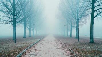 Misty autumn park with lamp posts and fallen leaves on a foggy day. Concept of fall season, misty weather, tranquil nature, serene park photo