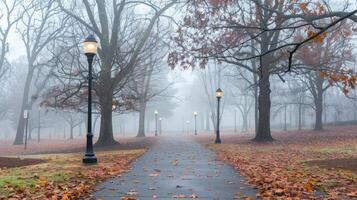 Misty autumn park with lamp posts and fallen leaves on a foggy day. Concept of fall season, misty weather, tranquil nature, serene park photo