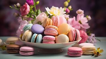 Plate with tasty macarons on table served for party. Neural network photo