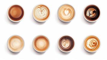 Many cups with tasty aromatic coffee on white background. Neural network photo