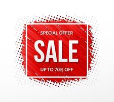 Red sale banner with diagonal red lines, white frame and halftone shadow vector