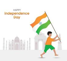 Happy Independence Day and boy running with flag vector