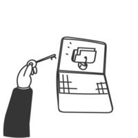 hand drawn doodle folder document locked with padlock and key to open it vector