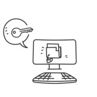hand drawn doodle folder document locked with padlock and key to open it vector