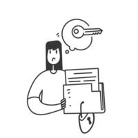 hand drawn doodle folder document locked with padlock and key to open it vector