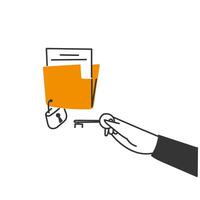 hand drawn doodle folder document locked with padlock and key to open it vector