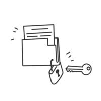 hand drawn doodle folder document locked with padlock and key to open it vector