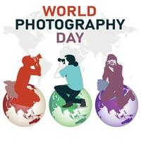 World photography day, man with camera shoting, on world map icon design vector
