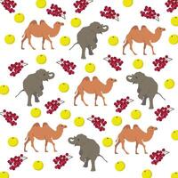 cute camel, elephant with fruit as a pattern background vector