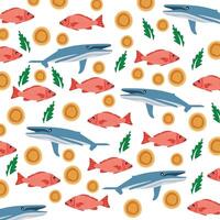 cute fish, whale with leaf as a pattern background vector