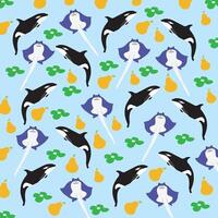 cute orca, stingray with fruit and leaf as a pattern background vector