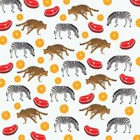 cute cheetah, zebra with meat and fruit as a pattern background vector