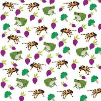 cute frog, tarantula with vegetables as a pattern background vector