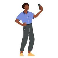 African american student using mobile phone. Guy takes selfie or communicates via call, holding smartphone and looking at screen, chatting. Flat illustration man with cellphone isolated vector