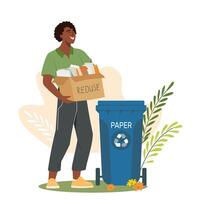 Black-skinned young man throwing out paper waste, sorting garbage. Boy separating trash to promote cleanliness and sustainability. illustration for environment and ecology protection concept vector