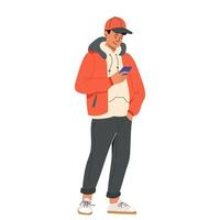 Student using mobile phone. Guy holding smartphone and looking at screen, typing, chatting, surfing internet Flat illustration man with cellphone isolated white background vector
