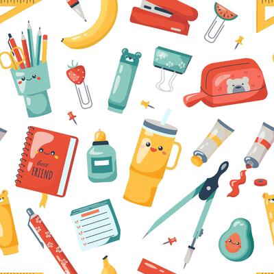 seamless pattern with school supplies elements on transparent background. Children's design for baby prints, covers, wallpapers, wrapping paper, scrapbooking. Kawaii style