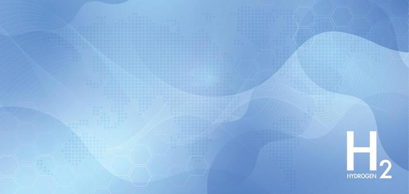 Abstract blue background hydrogen and H2 for sustainable environment. floating round elements and molecules with text H2 and Hydrogen energy. design.