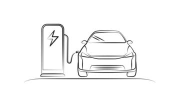 Electric car line with charging stations by sketch in concept of green. renewable energy and eco power produced from sustainable source. EV plugin station. technology electric car. design. vector