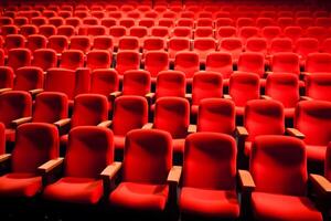 Empty cinema hall with red seats. Movie theatre. Neural network photo