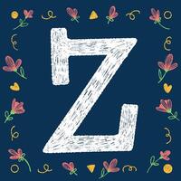 Playful hand-drawn chalk textured alphabet letters with decorative elements on a blue background, ideal for educational and creative design projects. vector