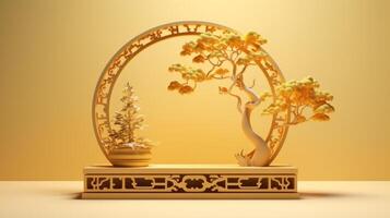 japanese style minimal abstract background.stone podium and bonsai with circle brown background for product presentation. Neural network photo