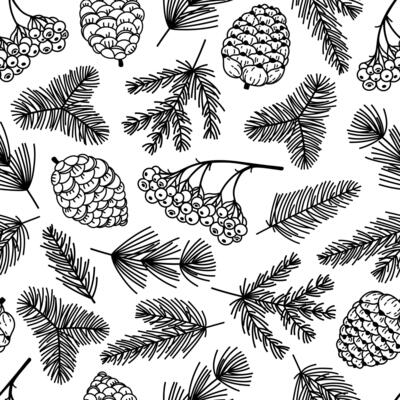 Christmas plants seamless pattern. Spruce branches, pine, fir, cones, rowan berries. Twigs of a coniferous tree, festive winter ornament. Hand drawn black and white sketch, botanical background