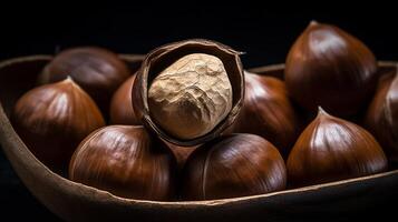 Hazelnuts on black background. Neural network photo