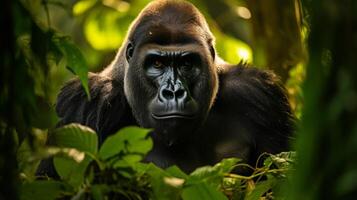A silverback mountain gorilla in a rainforest. Neural network photo