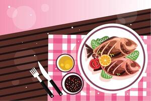Grilled fish with herbs and lemon vector
