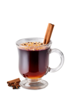 Norwegian Glogg in clear mug garnished with cinnamon stick and few cloves png