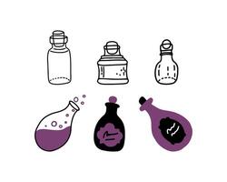 Set of different potion bottles. Magical elixir with bubbles in a flask. Old glass bottles of pirates. Magical elixir of a witch or wizard. Cute spooky cartoon style. vector