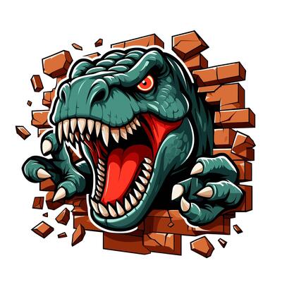hand drawn t-rex roars out from the brick wall illlustration