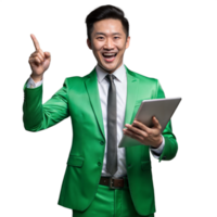 Man in green suit holding a tablet and pointing upwards, smiling png