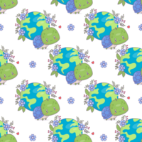 Seamless pattern. Ecological turtle with planet Earth png