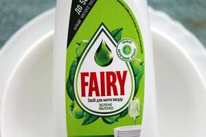 KYIV, UKRAINE - OCTOBER 31, 2023 Bottle of Fairy washing up Liquid produced by Procter and Gamble and sold in most parts of Europe photo