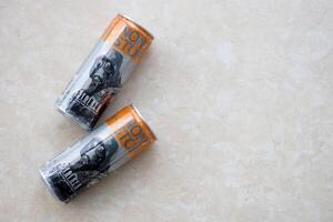 KYIV, UKRAINE - OCTOBER 31, 2023 Non Stop energy drink with limited edition design of Stalker and character with gas mask on aluminium tin can photo