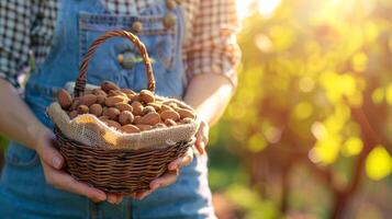 Hands Holding a Basket of Freshly Harvested Walnuts in Sunlit Garden. Concept of Autumn Harvest, Nut Gathering, Agriculture, Farm Produce. Copy space photo