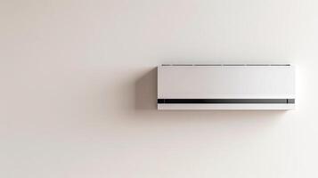 Minimalist white air conditioning unit mounted on a plain wall. Concept of cooling, climate control, indoor air, modern technology photo