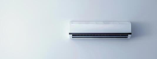Modern white wall-mounted air conditioning unit in a minimalist room. Concept of home cooling, ventilation, HVAC system, energy efficiency. Banner. Copy space photo