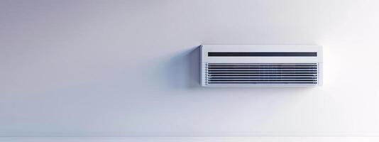 Modern white wall-mounted air conditioning unit in a minimalist room. Concept of home cooling, ventilation, HVAC system, energy efficiency. Banner. Copy space photo