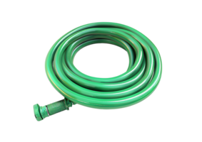 Green garden hose rolled up. Isolated on transparent background png