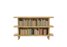 Wooden bookshelf with colorful books. Isolated on transparent background png