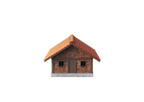 Rustic wooden cabin with red tiled roof. Isolated on transparent background png